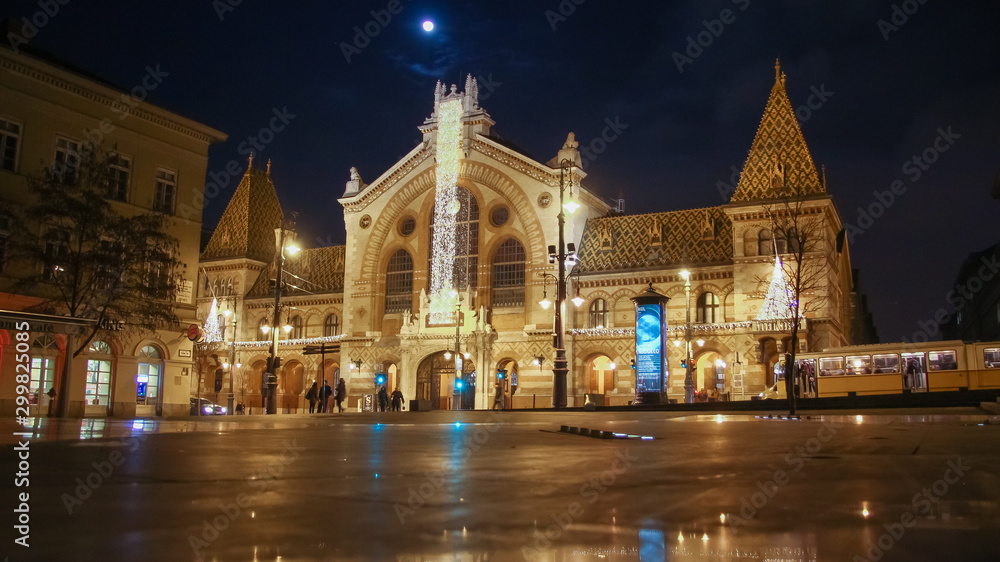 Budapest Market Building at night.