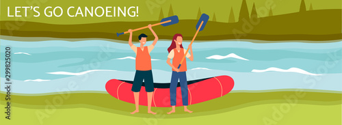 Lets go canoeing banner or poster template with people flat vector illustration.