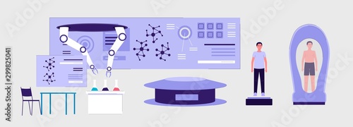 Futuristic laboratory with modern science equipment - flat banner
