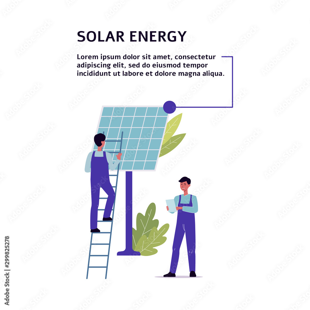 Solar energy banner with engineers and cell flat vector illustration isolated. Solar energy banner with engineers and cell flat vector illustration isolated.