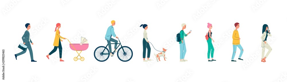 Cartoon people walking set isolated on white background - flat vector illustration. Cartoon people walking set isolated on white background - flat vector illustration.