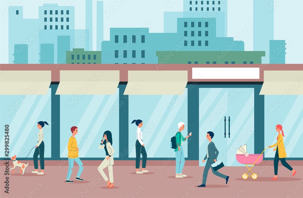 People characters on street flat vector illustration on cityscape background. People characters on street flat vector illustration on cityscape background.