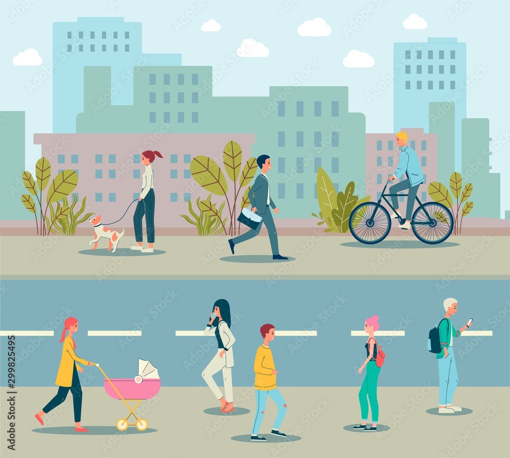 People characters flat vector illustration with skyscrapers background.