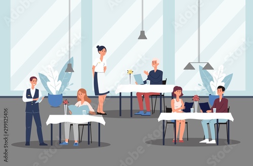 Restaurant with visitors ordering food and waiters, flat vector illustration.