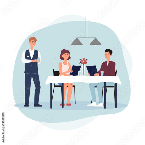 Couple ordering food in restaurant or cafe flat vector illustration isolated.