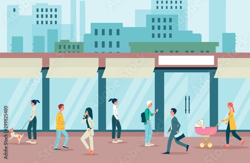 People characters on street flat vector illustration on cityscape background.