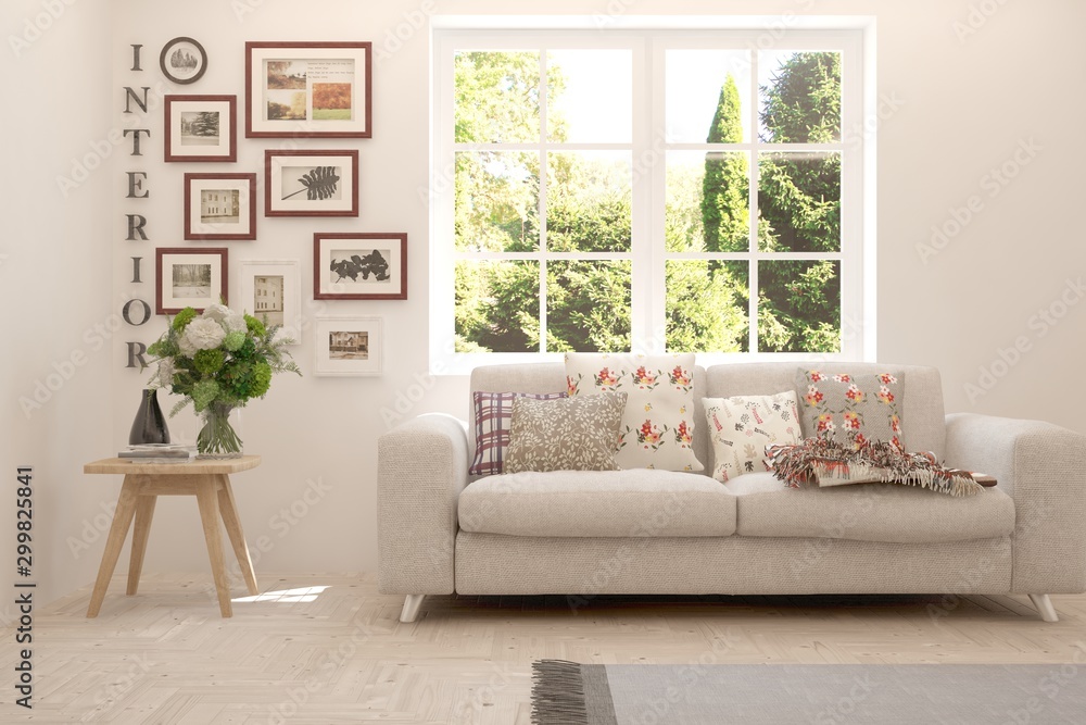Fototapeta premium Stylish room in white color with sofa and summer landscape in window. Scandinavian interior design. 3D illustration