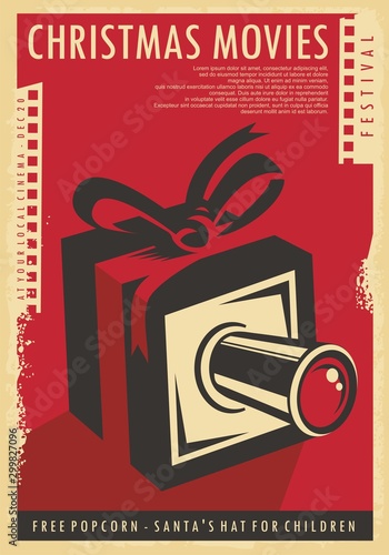 Christmas movies festival retro poster design with Christmas gift, film strips  and movie camera. Vintage vector illustration for cinema holiday event on red background and old paper texture. 