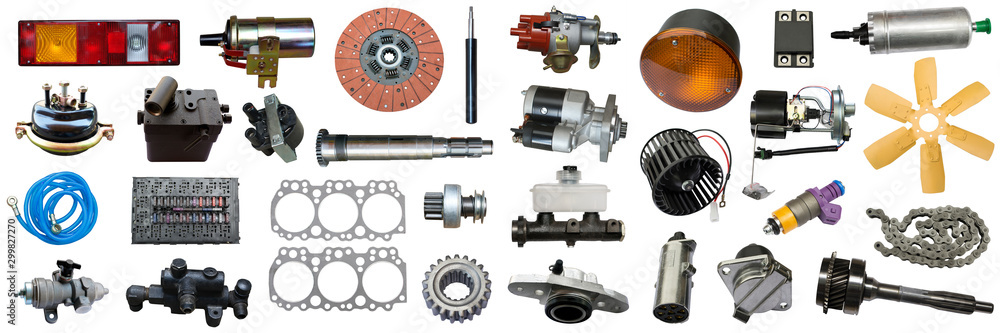 Auto spare parts car on the white background. Set with many isolated items for shop or aftermarket Auto spare parts car on the white background. Set with many isolated items for shop or aftermarket