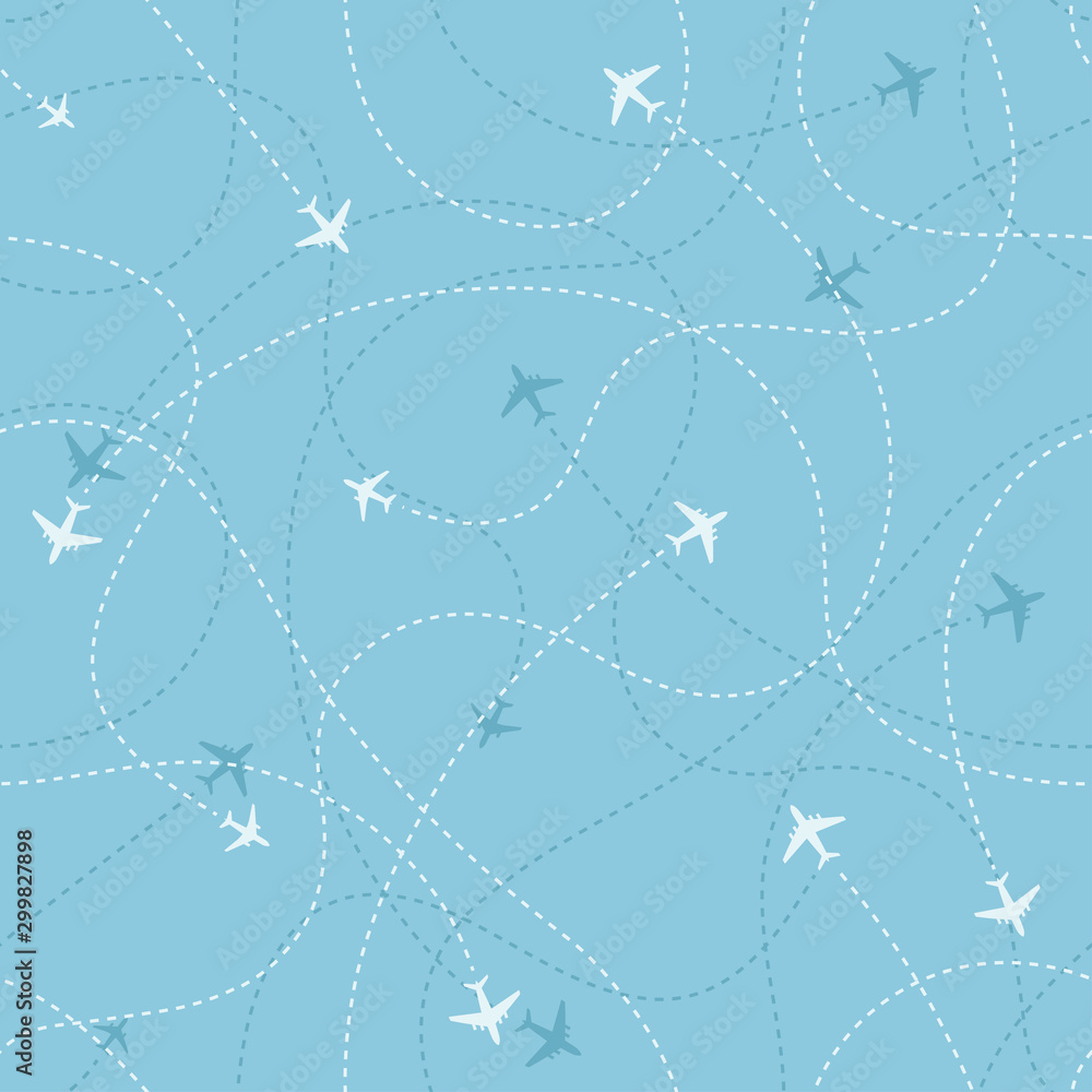 Aircraft destinations with planes icons on blue background. Abstract seamless pattern. Vector  illustration.