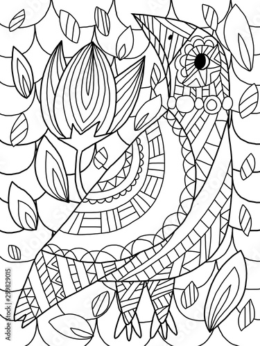 Wild ornamental bird and flowers coloring book page for adults and kids. Stylized simple black and white zentagle illustration. One of a series.