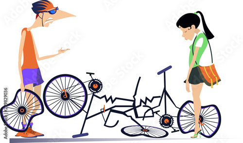 Road accident, two cyclists and broken bikes illustration. Broken bikes and angry cyclist holds a broken wheel and scolds the sad cyclist woman with hang his head isolated illustration