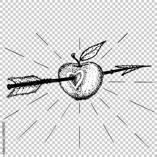 Apple target pierced with arrow in heart dot work. Love sticker, print or blackwork flash tattoo art design hand drawn vector illustration