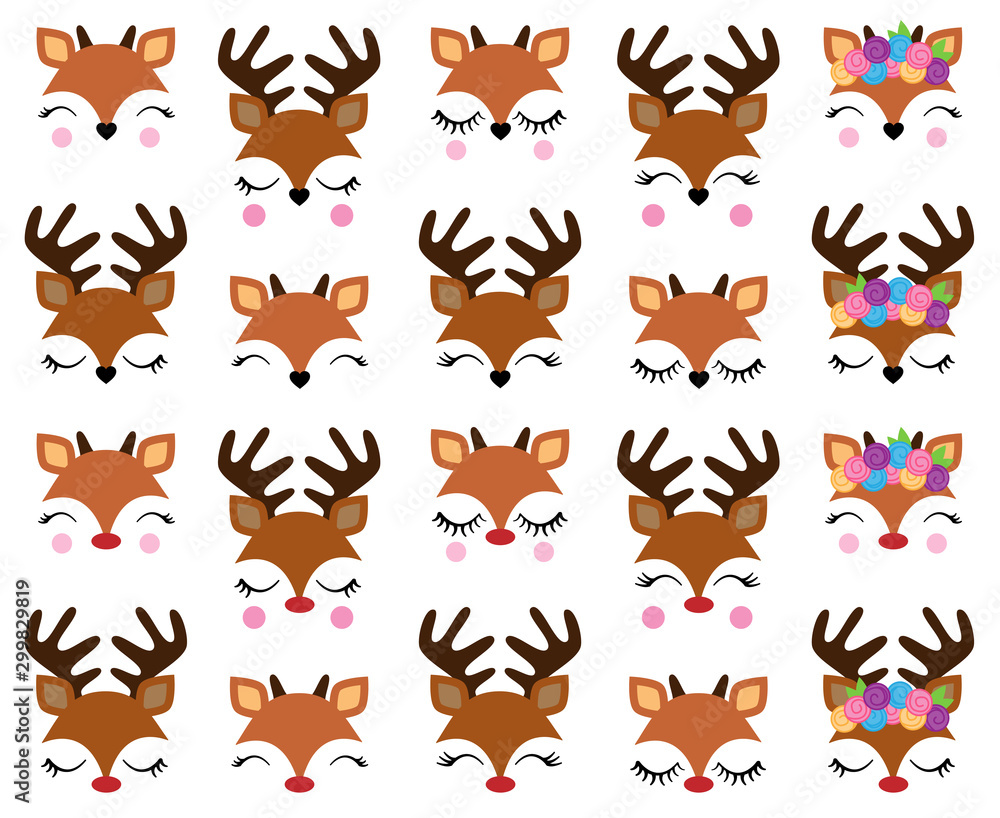 Obraz premium Vector Set of Cute Reindeer Faces
