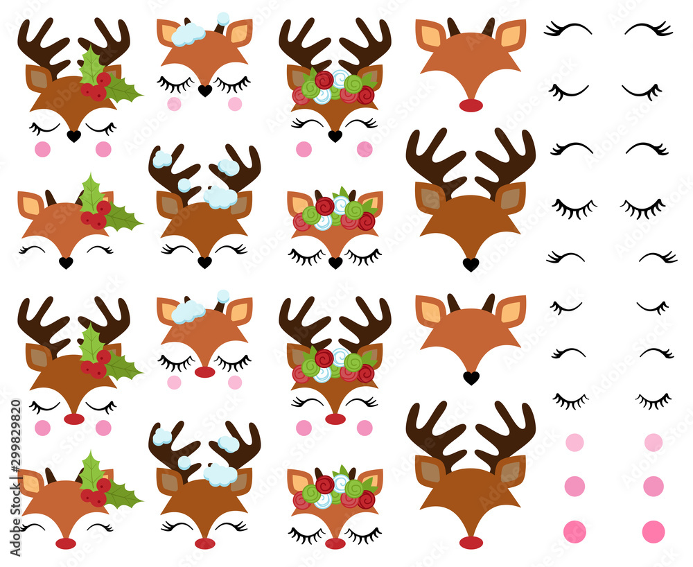 Vector Set of Cute Reindeer Faces