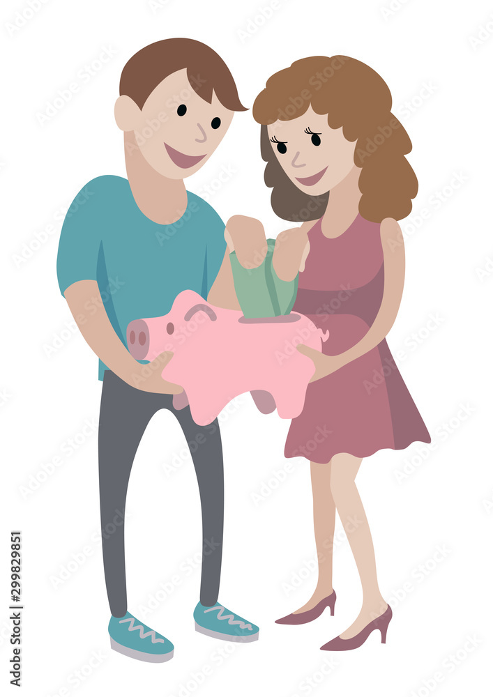 Couple with piggy bank/ Vector illustration Couple with piggy bank/ Vector illustration
