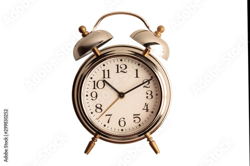 metal vintage alarm clock with bells isolated on white background