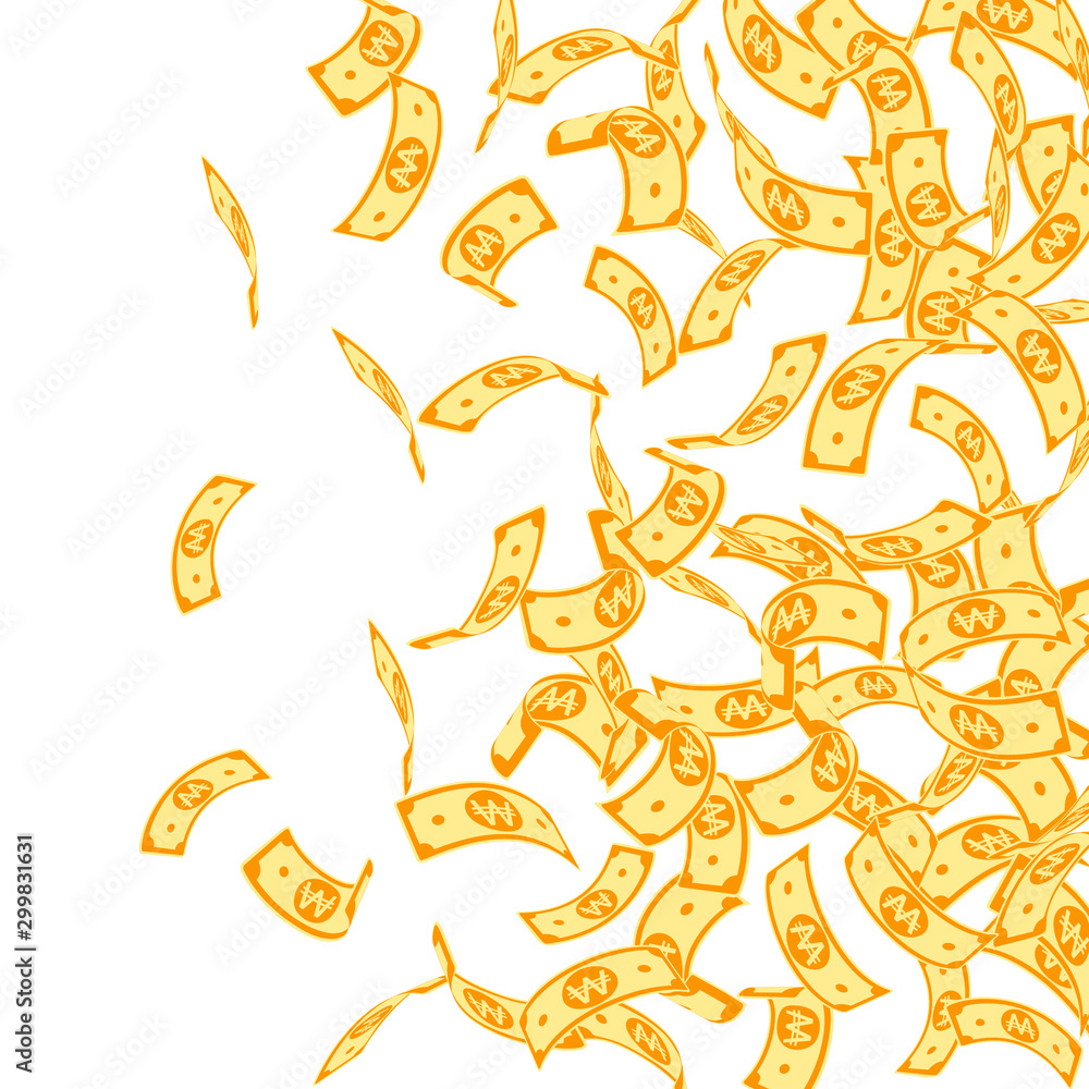 Obraz premium Korean won notes falling. Floating WON bills on wh