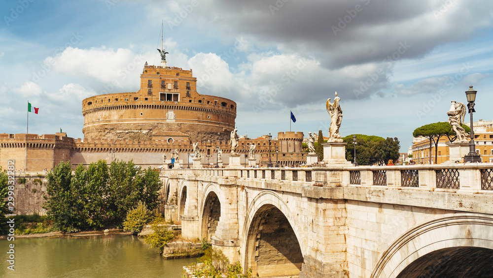 Castle Sant'Angelo (castle of Holy Angel) and Ponte or bridge Sant'Angelo with statues in Rome, Italy.