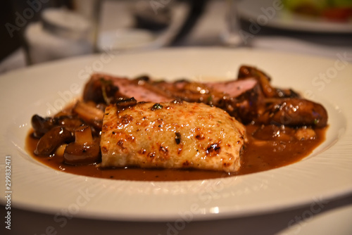 A plate of duck cutlets served on mushrooms and duck breast fillet.