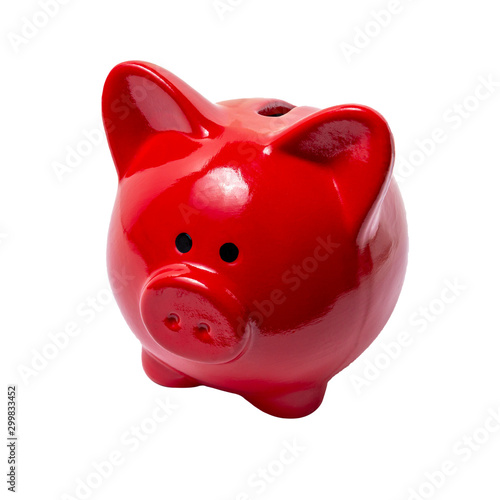 Red piggy bank, isolated on a white background.