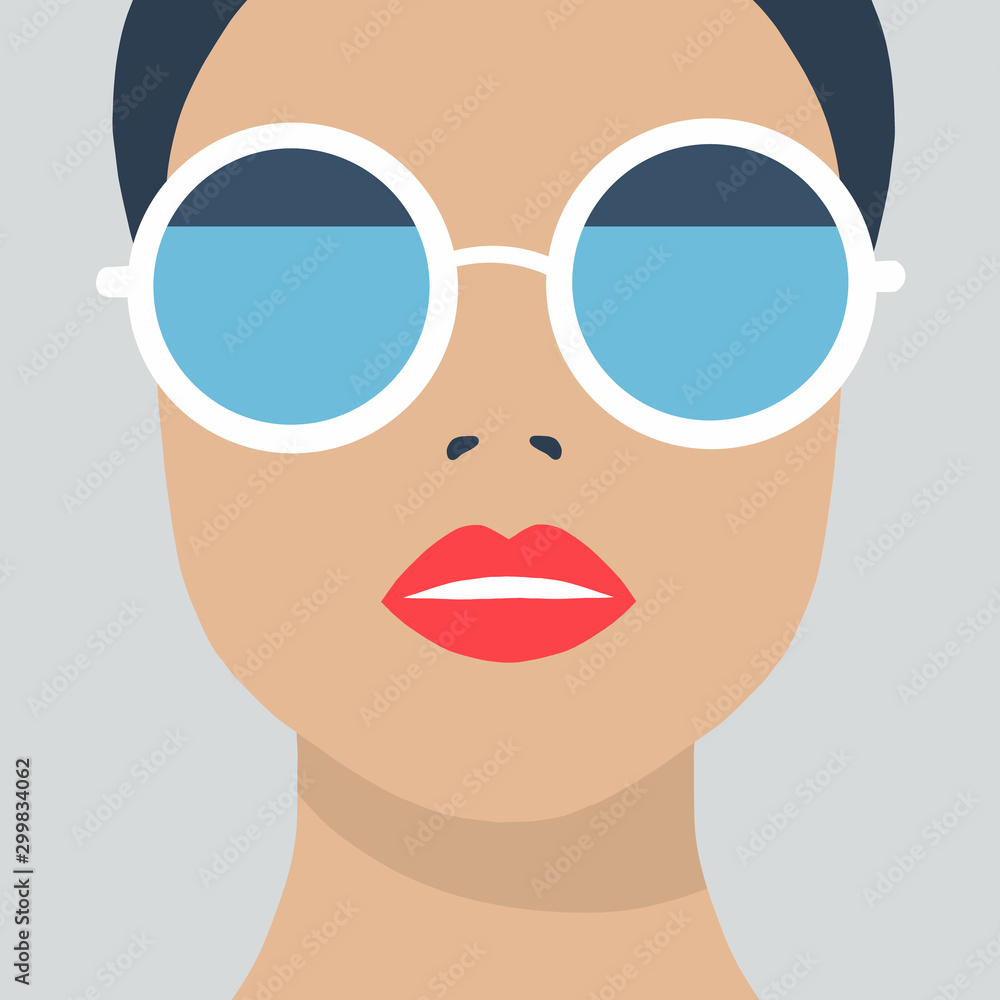 Eyewear glasses woman closeup portrait. Flat cartoon girl character, design background Eyewear glasses woman closeup portrait. Flat cartoon girl character, design background
