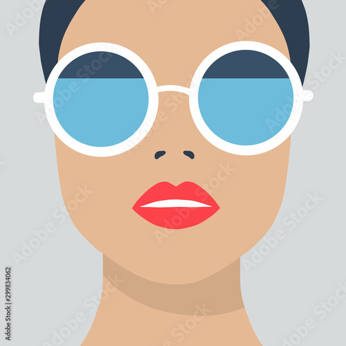 Eyewear glasses woman closeup portrait. Flat cartoon girl character, design background