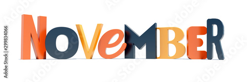 Colorful november text word on white banner calendar background in fall colors