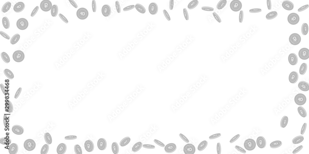 Russian ruble coins falling. Scattered black and w Russian ruble coins falling. Scattered black and w