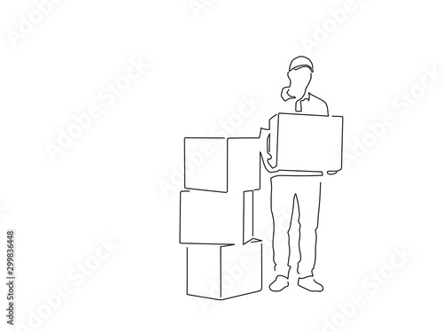 Delivery man isolated line drawing, vector illustration design. Logistics collection.