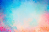 blue watercolor paint background design with colorful orange pink borders and bright center, watercolor bleed and fringe with vibrant distressed grunge texture