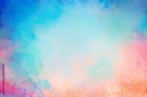 blue watercolor paint background design with colorful orange pink borders and bright center, watercolor bleed and fringe with vibrant distressed grunge texture © Abbies Art Shop