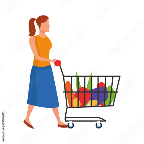 avatar woman with supermarket cart with groceries, flat design