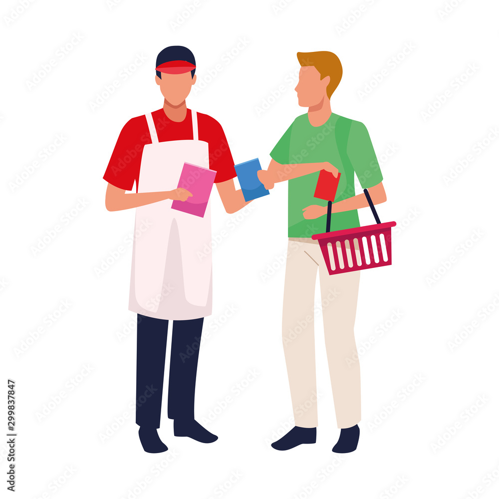 supermarket worker and customer with basket, flat design supermarket worker and customer with basket, flat design