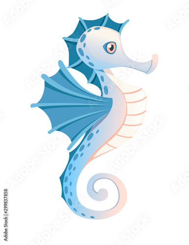 Cute adorable blue seahorse cartoon sea animal design flat vector illustration isolated on white background