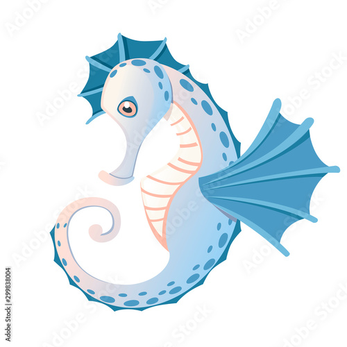 Cute adorable blue seahorse cartoon sea animal design flat vector illustration isolated on white background