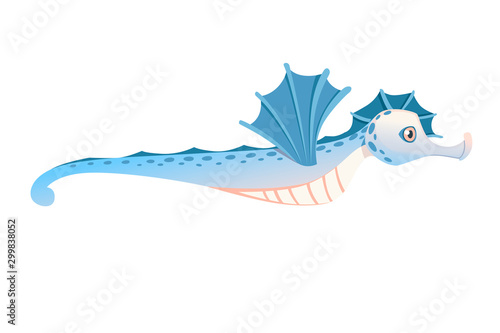 Cute adorable blue seahorse cartoon sea animal design flat vector illustration isolated on white background