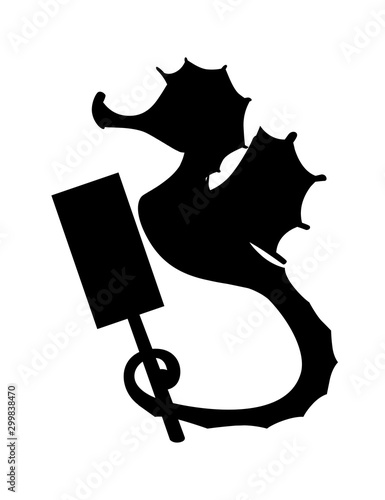 Black silhouette cute adorable seahorse holds protest sign cartoon sea animal design flat vector illustration isolated on white background