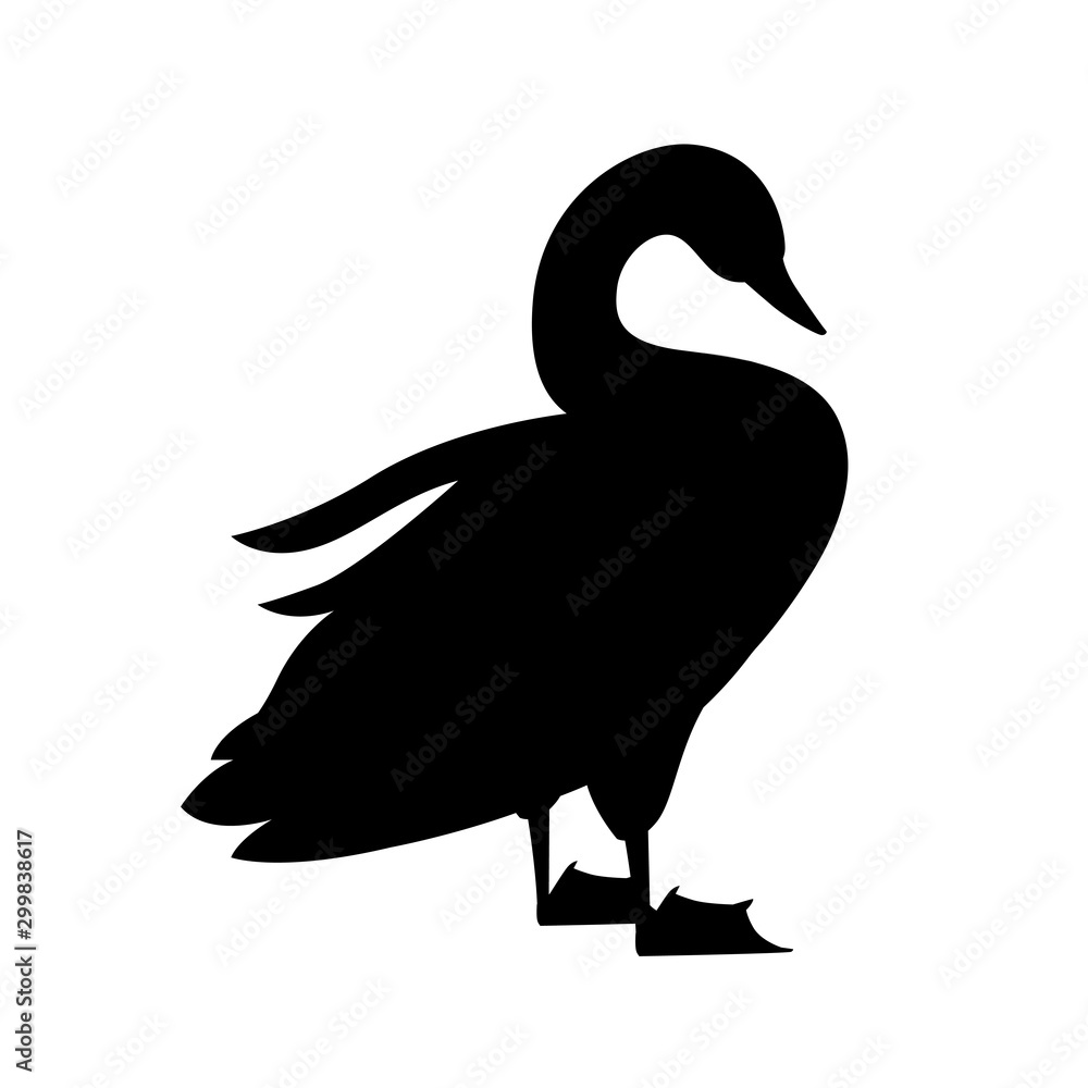 Fototapeta premium Black silhouette swan largest flying bird stand on ground cartoon animal design flat vector illustration isolated on white background
