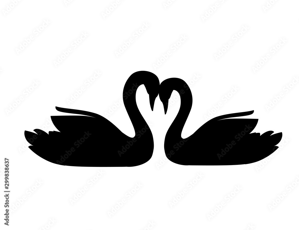 Obraz premium Black silhouette pair of big white swan cute animal love cartoon animal design flat vector illustration isolated on white background