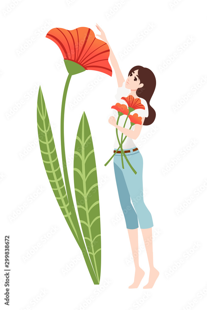 Big poppy flower and women in casual clothes abstract cartoon character design flat vector illustration on white background Big poppy flower and women in casual clothes abstract cartoon character design flat vector illustration on white background