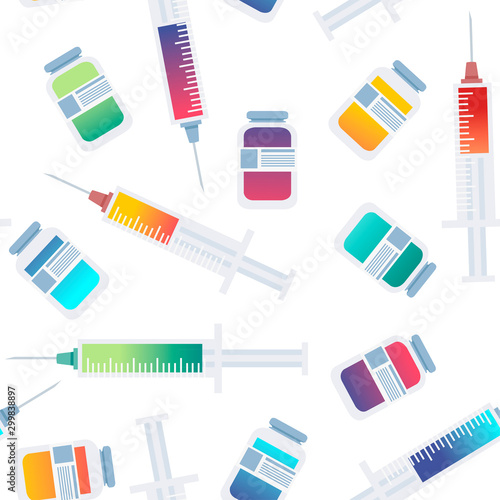 Seamless pattern hyaluronic acid injection medical syringe and containers skin care and medical intervention flat vector illustration on white background