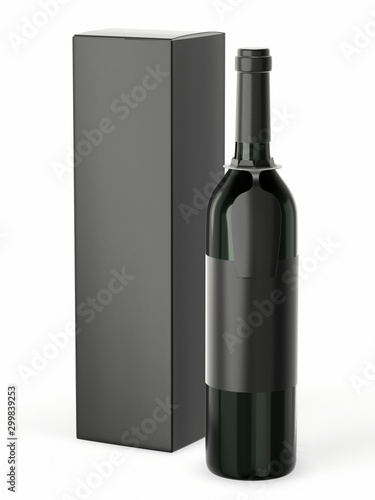 Wine bottle mockup with blank label isolated on white background. A bottle with a hanging tag for your brand and a cardboard packaging box. 3d rendering
