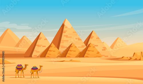 Giza Egyptian Pyramids desert landscape with camels flat vector illustration horizontal image