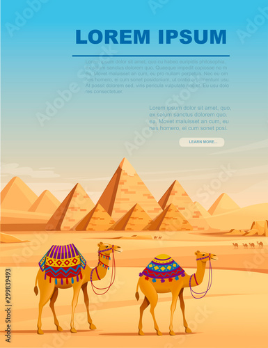 Giza Egyptian Pyramids desert landscape with camels flat vector illustration vertical banner design
