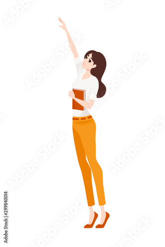 Woman wearing casual clothes hold the book and standing on tiptoe and trying to reach up cartoon character design flat vector illustration isolated on white background