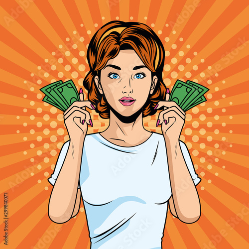 young girl with bills dollars pop art style character