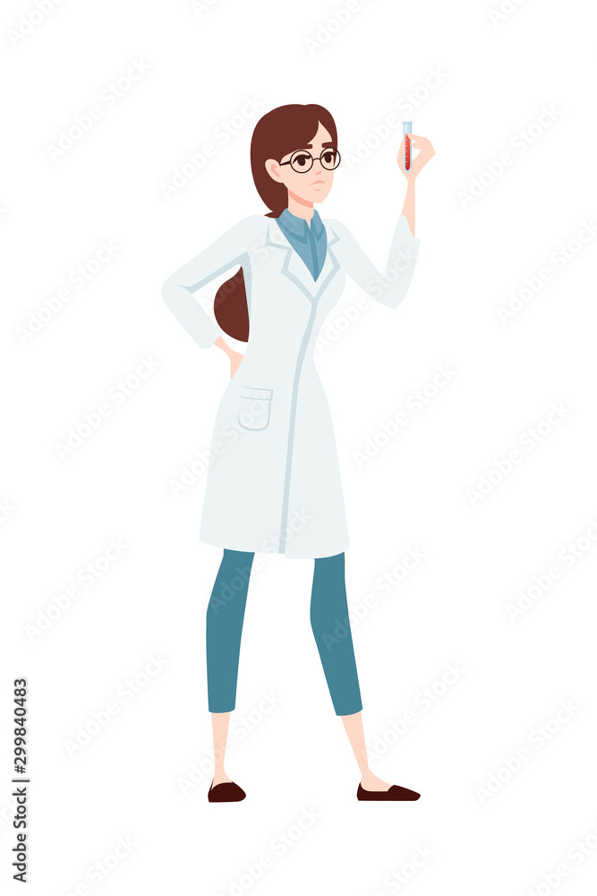 Girl scientist female chemist in white coat holding test flask cartoon character design flat vector illustration on white background