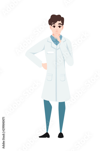 Man scientist in white coat cartoon character design flat vector illustration on white background