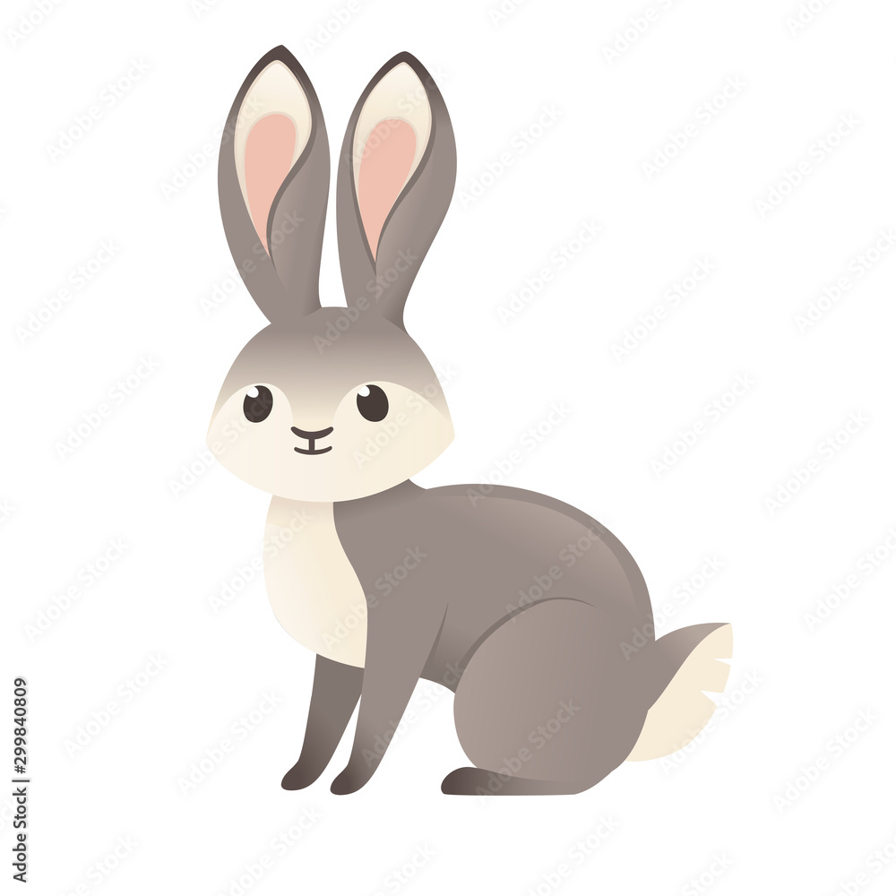 Obraz premium Cute grey rabbit sitting on ground cartoon animal design flat vector illustration isolated on white background